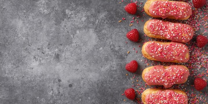 Pink Frosted Donuts with Sprinkles and Fresh Raspberries on a Gray Surface