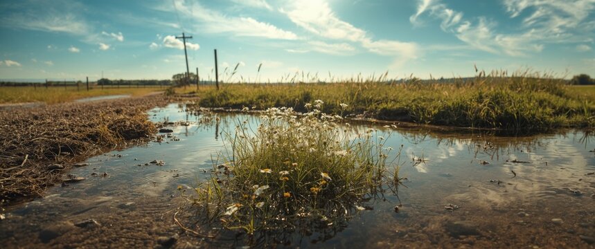 Grass and Wildflowers Growing in a Puddle by a Country Road Under a Blue Sky