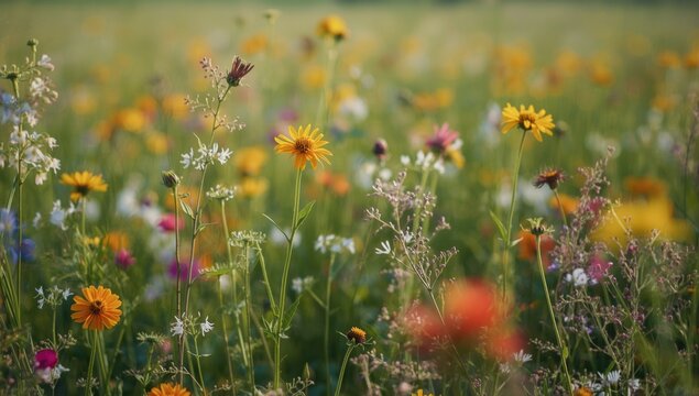 Colorful Wildflower Field in Soft Focus on a Sunny Day