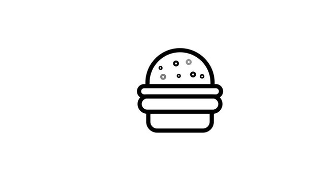  Minimal white burger and fast food icon with horizontal speed lines on black background, representing quick delivery, restaurant, takeaway, meal, and food service design concept.