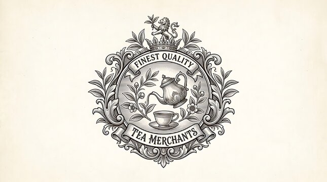 Vintage Tea Merchant Logo with Engraved Teapot and Lion Crest
