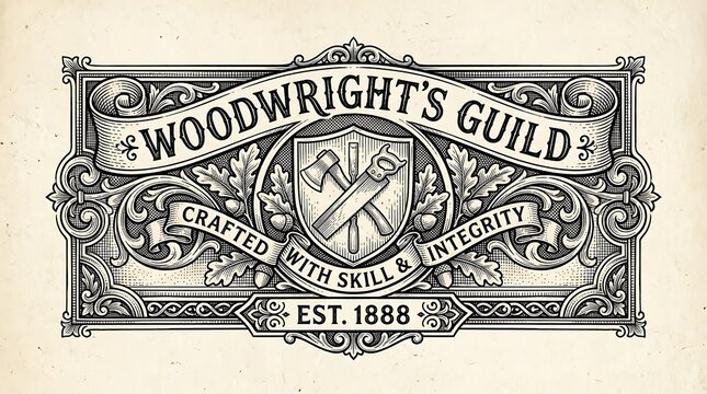 Vintage Woodwright Guild Emblem with Carpentry Tools and Ornate Design