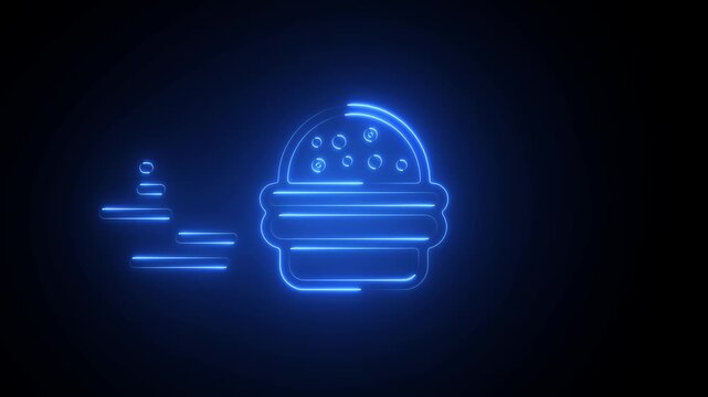  Minimal white burger and fast food icon with horizontal speed lines on black background, representing quick delivery, restaurant, takeaway, meal, and food service design concept.