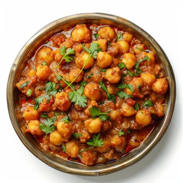 Spicy chana masala seasoned with coriander leaves served in a traditional indian bowl