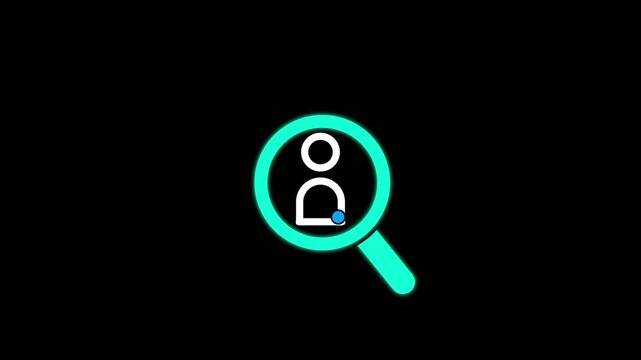 Bright turquoise magnifying glass with user profile and blue verification check icon on black background representing identity search authentication account security validation digital access .