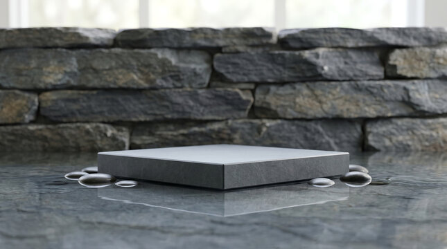 Minimalist concrete podium reflecting in still water. Abstract stone platform for modern architectural design presentations.