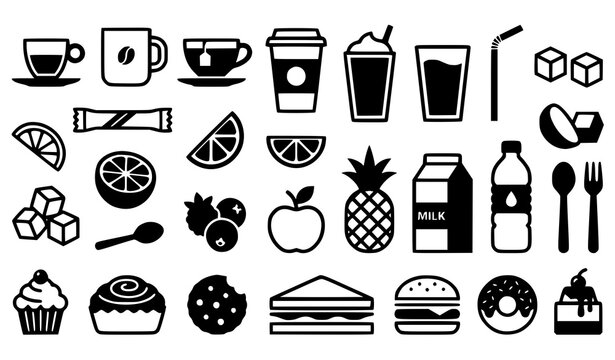 Modern Food and Beverage Pictogram Icons &ndash; Drinks, Fruit, Sugar and Snack Symbols