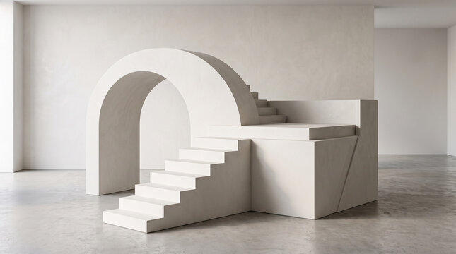 Modern minimalist podium with curved staircase design. Sleek white stage platform for corporate events and presentations.