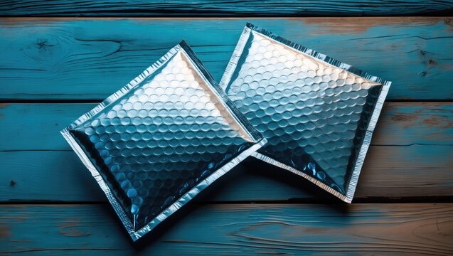 Reflective Bubble Mailers on Wood Surface in Cool Toned Lighting