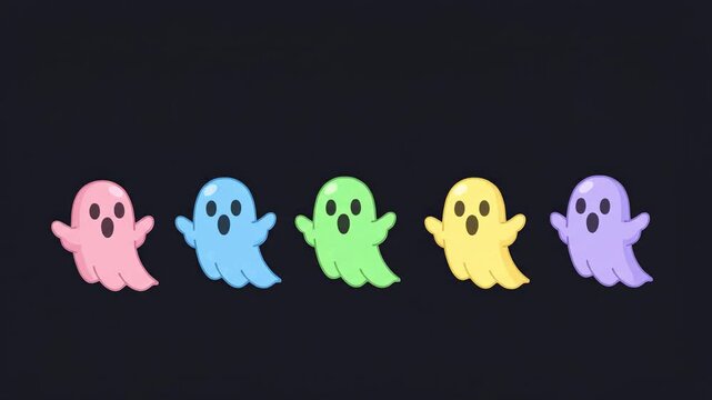 Colorful ghost characters on dark background