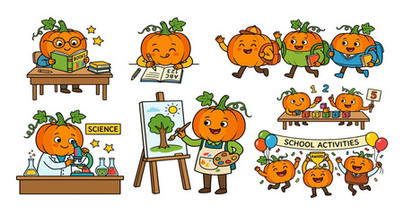 Obraz premium Cute pumpkin characters engaged in various school activities learning reading science and art with character education learning painting classroom microscope illustration seasonal november