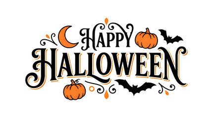 Happy Halloween typography design with pumpkins, crescent moon and flying bats illustration © MD ACHADUL ISLAM