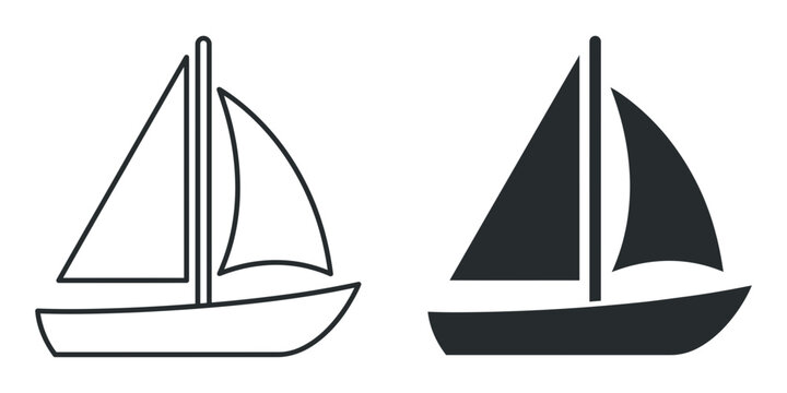 Sailboat yacht marine vessel outline and solid vector icon set with sailboat silhouette transport transportation