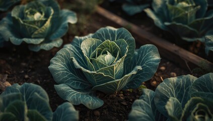 Obraz premium Lush Green Cabbage Growing in a Vegetable Garden at Sunset Light