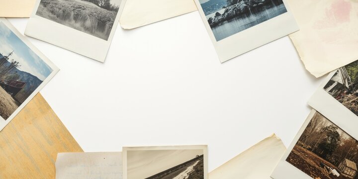 Vintage Photographs Stacked on a White Surface with Blank Space in Center