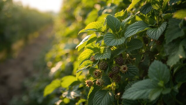 Raspberry Plant Branch with Unripe Berries Bathed in Soft Warm Light