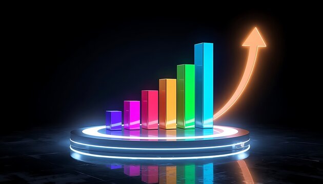 Vibrant bar graph on circular platform with upward arrow for market success.