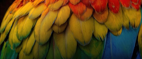 Obraz premium Colorful Feathers of a Parrot Closeup against Dark Background