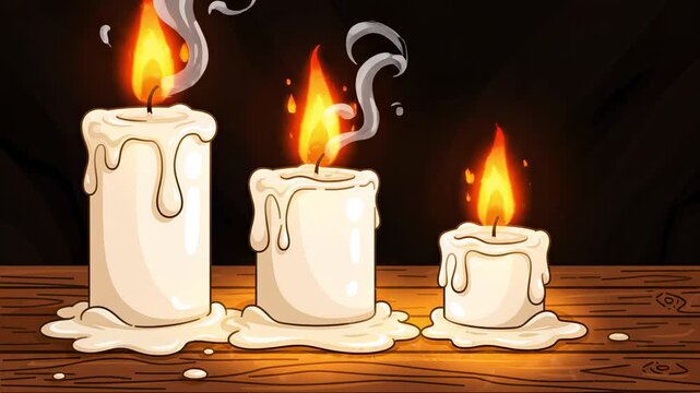 Three lit candles with melting wax on wooden surface