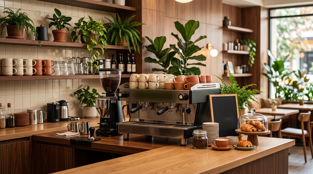 Modern cafe counter with espresso machine and fresh pastries. Stylish coffee shop interior featuring barista station and indoor plants.