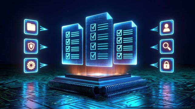 Glowing digital document icons with checkmarks above a processor unit, representing automated data processing.