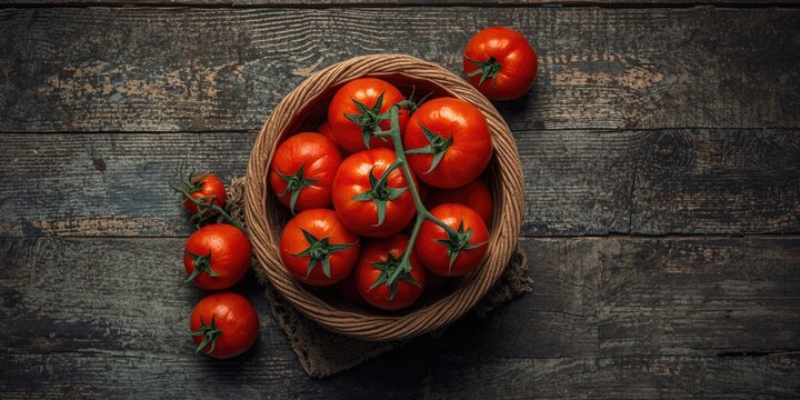 Fresh Ripe Tomatoes in a Woven Basket on a Wooden Table