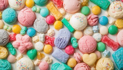 Fototapeta premium Colorful Assortment of Ice Cream and Candies on White Background