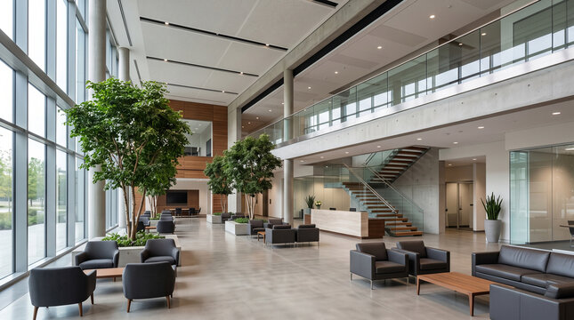 Modern corporate office lobby with indoor trees and seating area. Contemporary business reception space featuring lush greenery and professional de...