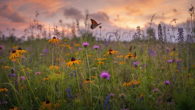 Butterfly Flying Over a Colorful Wildflower Field at Sunset