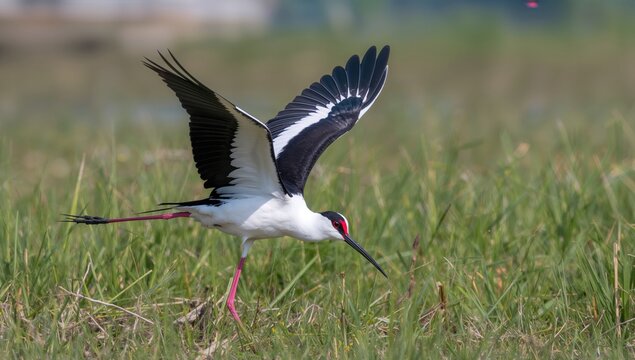 Black-necked Stilt Taking Off from Grass in Bright Daylight