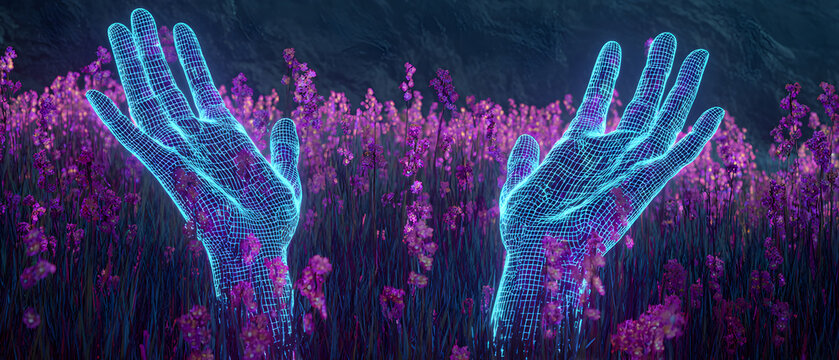 Futuristic holographic hand holographic hand neon meadow purple flower wireframe hand glowing hand cyber landscape digital hand virtual reality sci fi scene