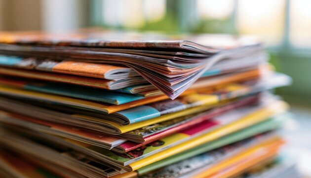 Close-up view of a thick stack of colorful magazines on a wooden surface