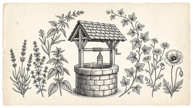 Vintage botanical illustration of stone well and garden herbs