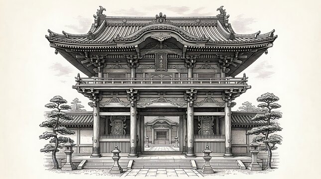 Detailed Japanese Temple Gate Sketch in Woodblock Style