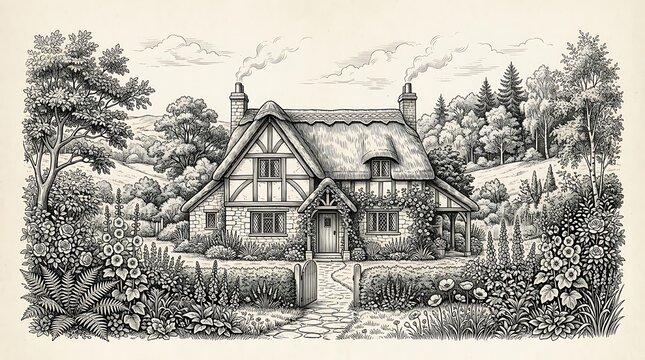 Vintage Engraving of a Traditional English Thatched Cottage
