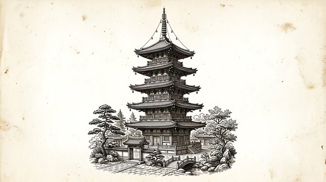 Vintage Japanese Pagoda Sketch on Aged Paper