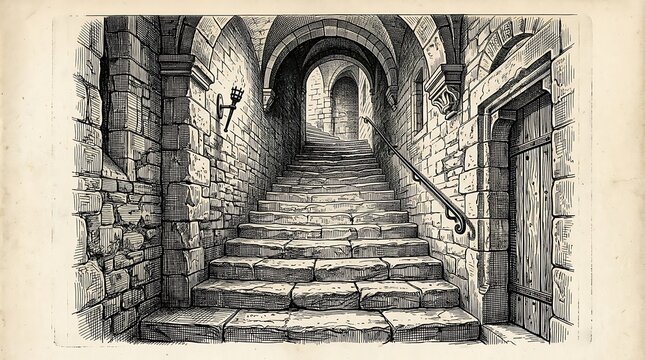 Medieval Stone Staircase Etching Illustration