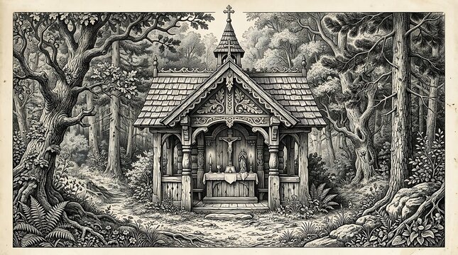 Vintage Engraving of a Wooden Forest Chapel