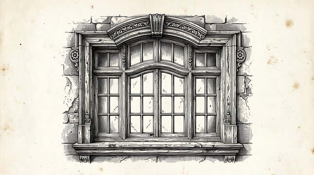 Vintage architectural window engraving on aged parchment background