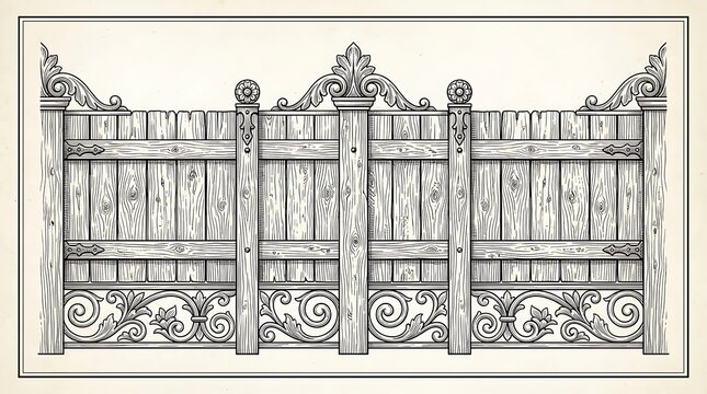 Vintage Ornate Wooden Fence Illustration