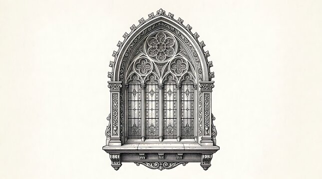 Detailed Gothic Arched Window Engraving Illustration