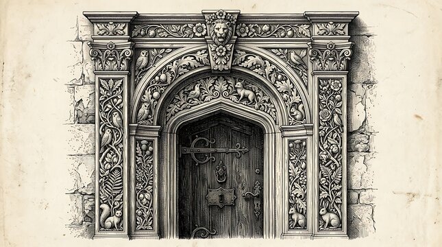 Ornate Medieval Doorway Engraving with Animal and Floral Motifs