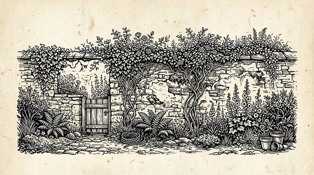 Vintage Garden Stone Wall Ink Drawing