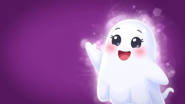 Happy ghost character with glowing aura on purple background
