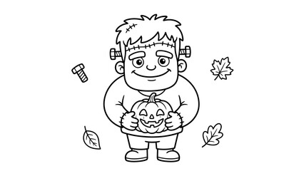 A spooky and fun halloween coloring page featuring frankenstein and a jack o' lantern