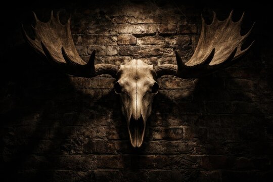 Moose Skull Mounted on Brick Wall in Dim Light