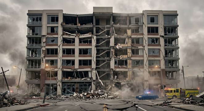 Severe earthquake disaster scene with heavily damaged cracked office building on the verge of collapse, smoke, broken glass, and emergency vehicles on site.