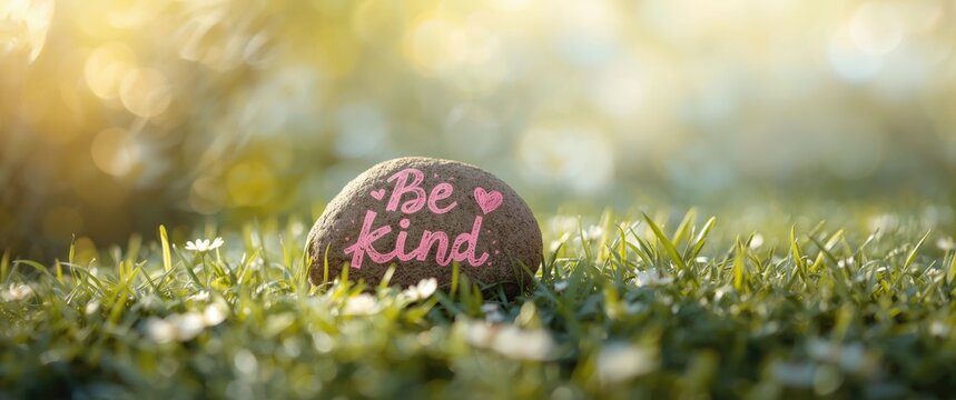 Rock with Be Kind Message on Grass in Soft Natural Light