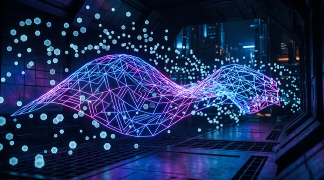 Futuristic neon wave structure in vibrant purple and blue. Abstract digital light art with glowing particle effects for high-tech visuals.