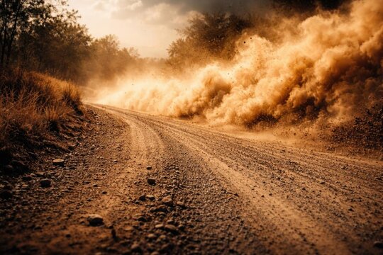 Dusty Dirt Road Kicked Up by Vehicle in Golden Hour Light